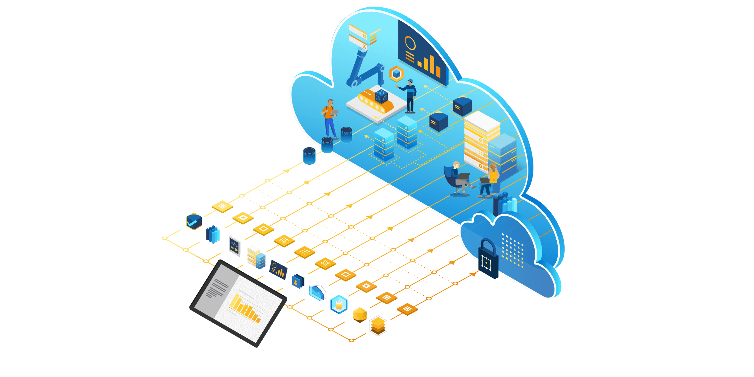 Eine isometrische Illustration technischer Komponenten für Field Service-Dienste.